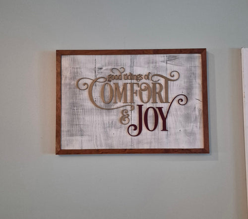 "Comfort & Joy" Distressed Wood Wall Art with Cherry Frame