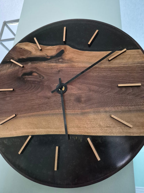 16" Live Edge Walnut & Epoxy Wall Clock | Steam-Bent Peruvian Walnut