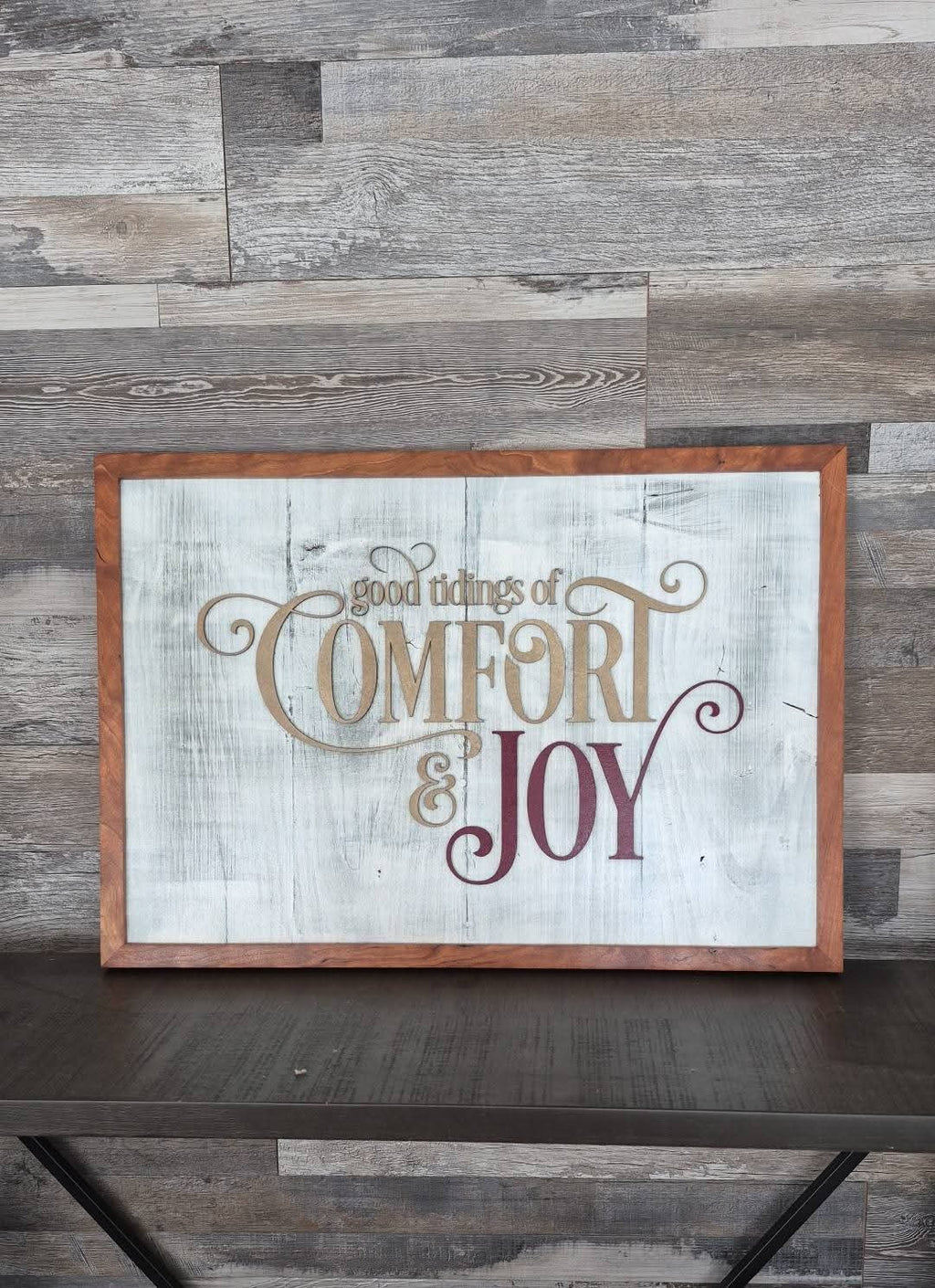 "Comfort & Joy" Distressed Wood Wall Art with Cherry Frame