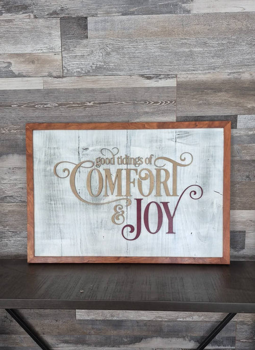 "Comfort & Joy" Distressed Wood Wall Art with Cherry Frame
